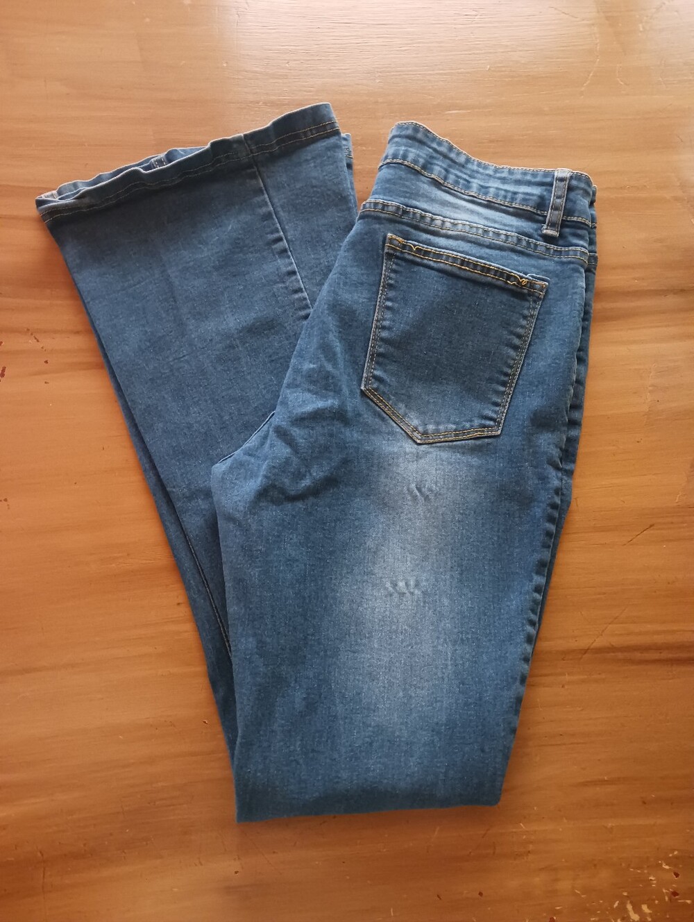 Button Fly Stretch Bell Bottom Distressed Blue Jeans Womens M Hippie Chic Rodeo